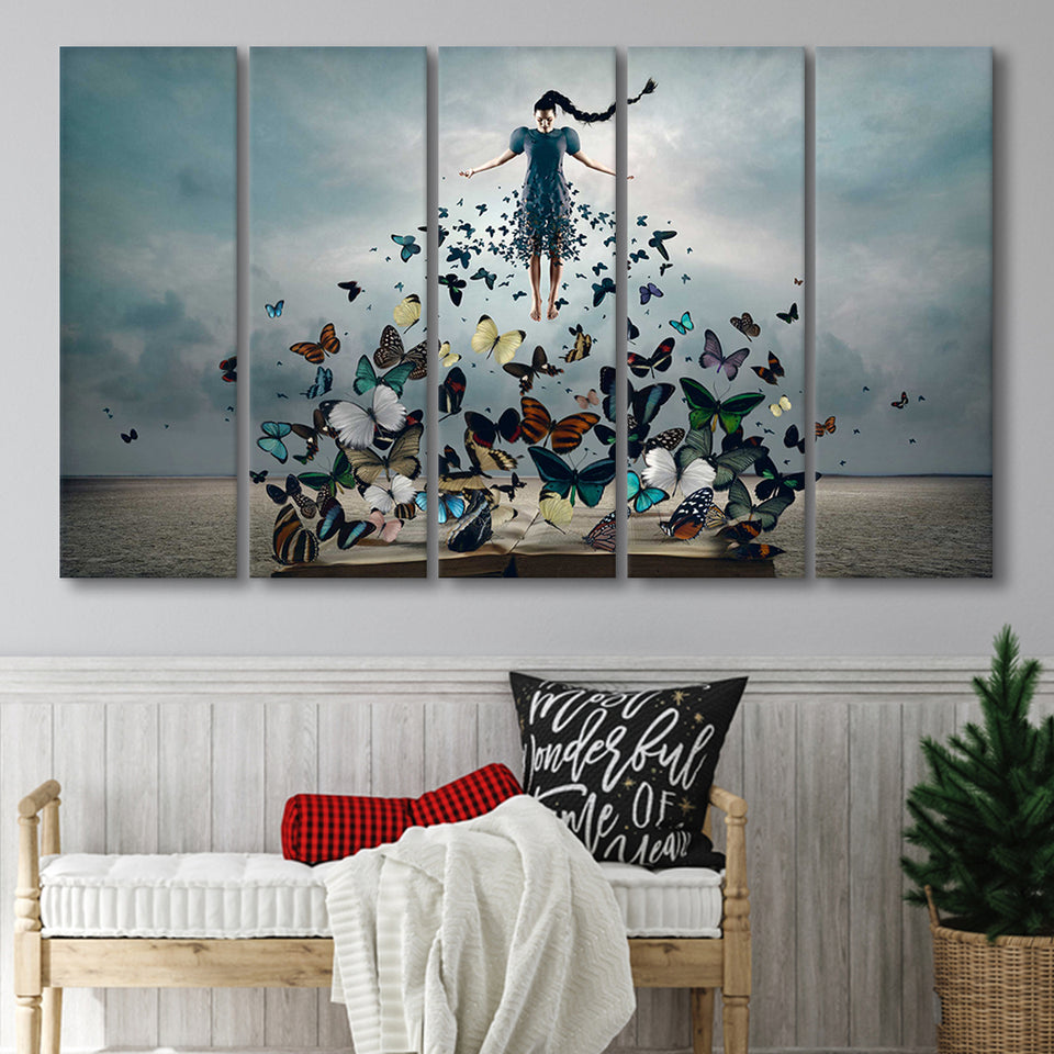 Woman With Butterflies, Abstract Art Larger Canvas Art, 5 Piece Canvas Prints Wall Art Decor
