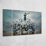 Woman With Butterflies, Abstract Art Larger Canvas Art, 5 Piece Canvas Prints Wall Art Decor