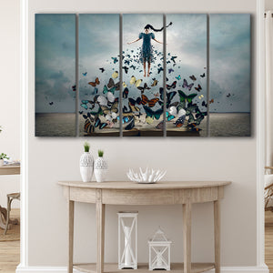 Woman With Butterflies, Abstract Art Larger Canvas Art, 5 Piece Canvas Prints Wall Art Decor