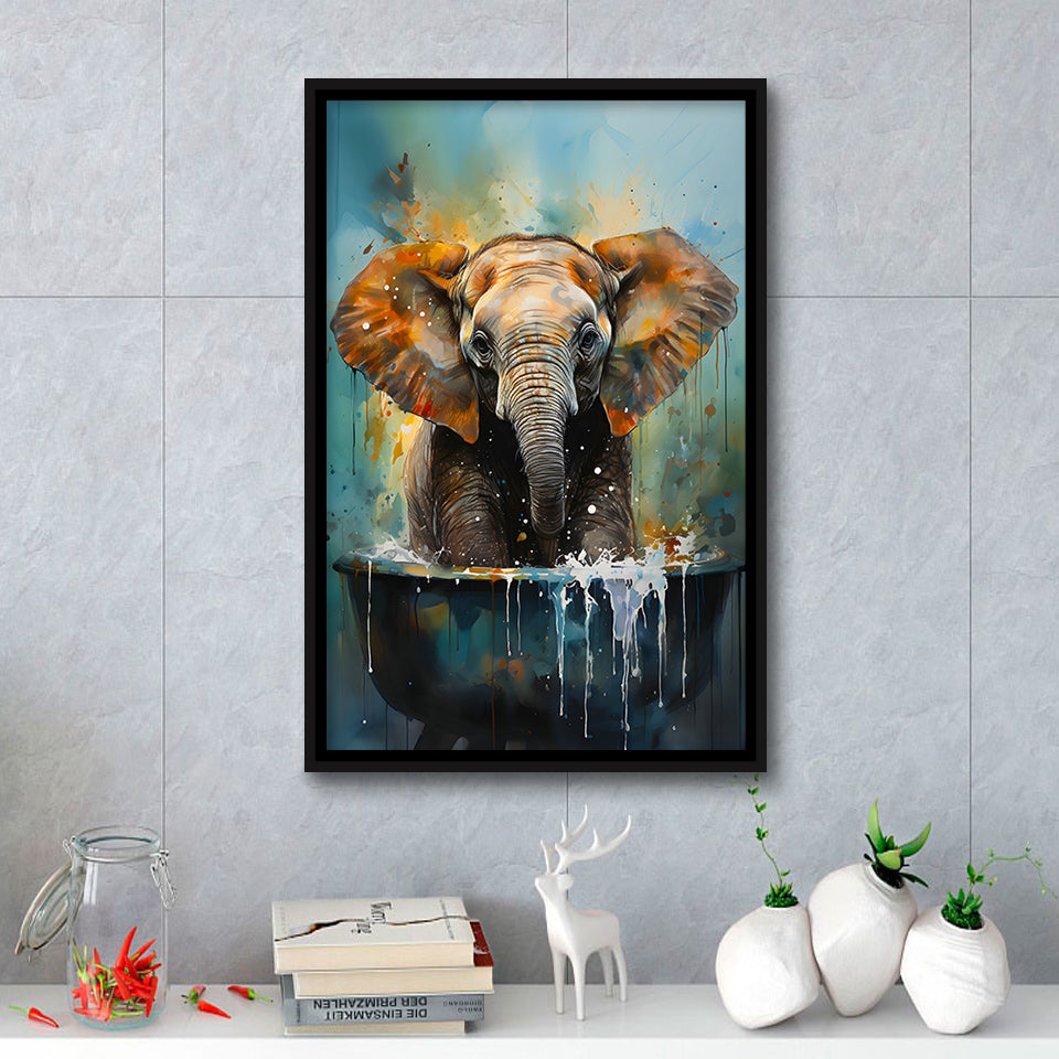 Baby Elephant Colorful In A Bathtub V4 Framed Canvas Prints Wall Art H ...
