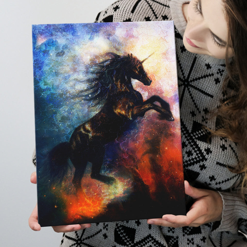 Black Unicorn Dancing In Space Canvas Prints Wall Art Home Decor
