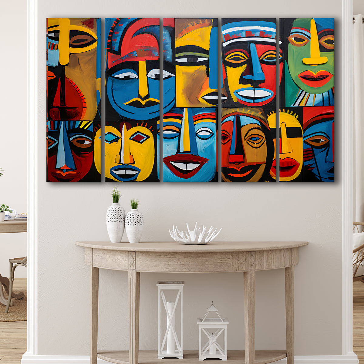 Diffirent Mask Native American Abstract Faces Painting 5 Panels B