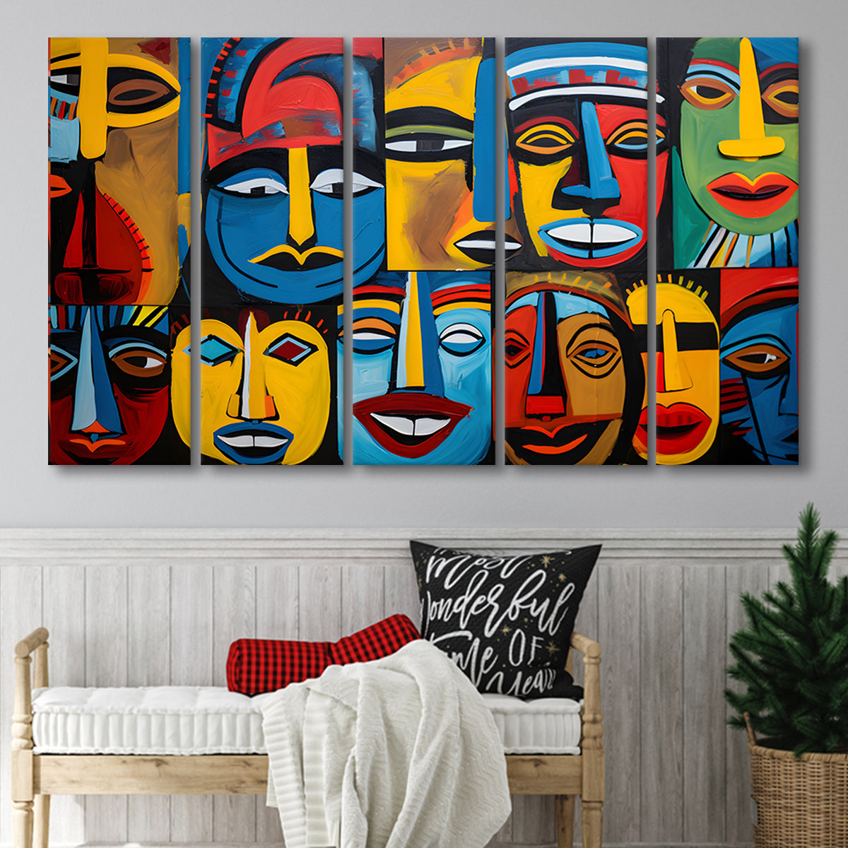 Diffirent Mask Native American Abstract Faces Painting 5 Panels B