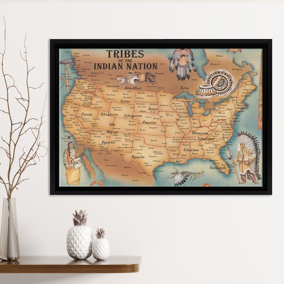 Usa North America Map Native Americans Framed Canvas Prints Wall Art ...