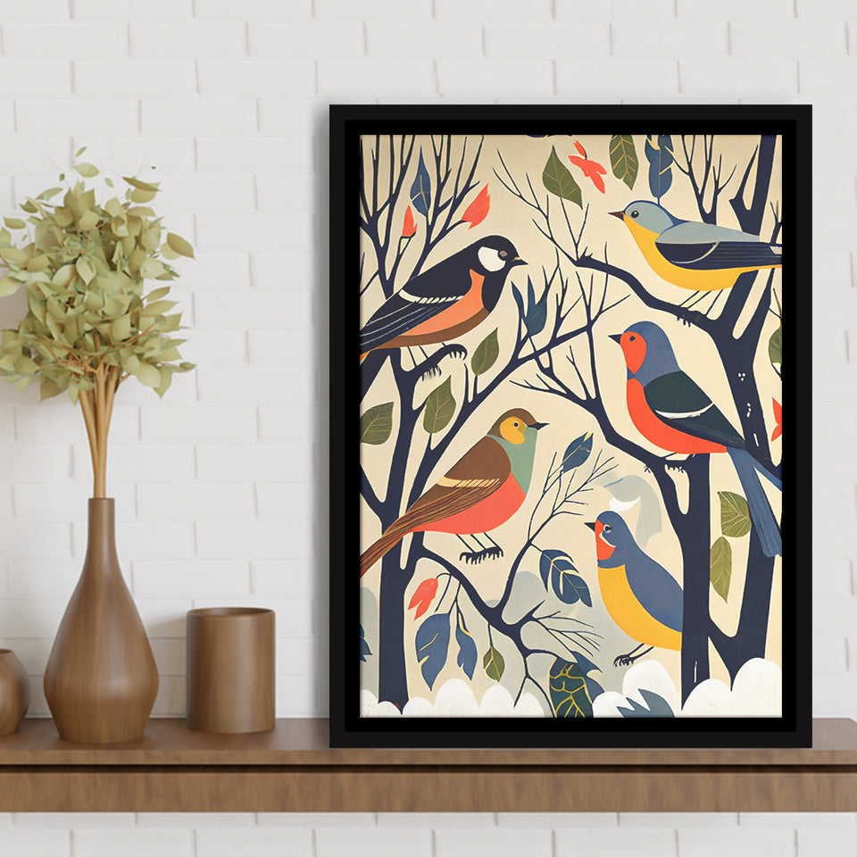 Songbirds Retro Art Print, Large Canvas, Framed Canvas Print Wall Art Home Decor, Floating Frame