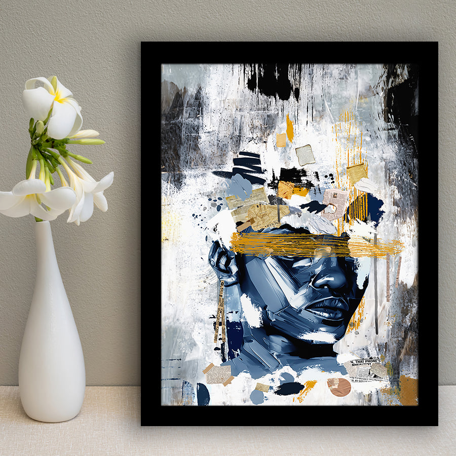 Potrait Abstract Face, African American Blue And Grey Art, Framed Art Prints Wall Art Decor, Framed Picture Print