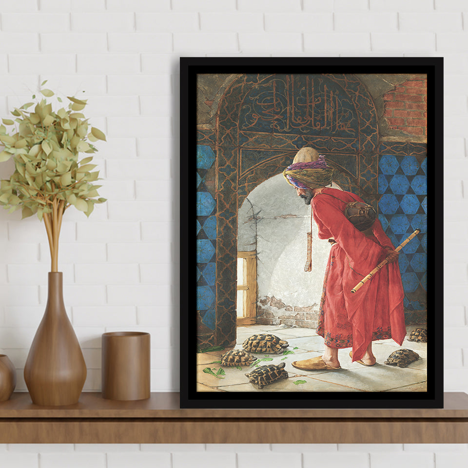 The Tortoise Trainer, Osman Hamdi Painting Framed Canvas Prints Wall Art Home Decor, Floating Frame