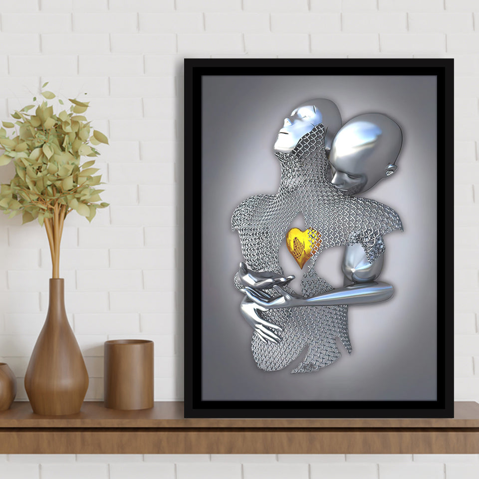 3D Effect Art Art Love Gold Heart Iron Mesh Abstract Art Framed Canvas Prints Wall Art - Painting Canvas,Floating Frame,Wall Decor