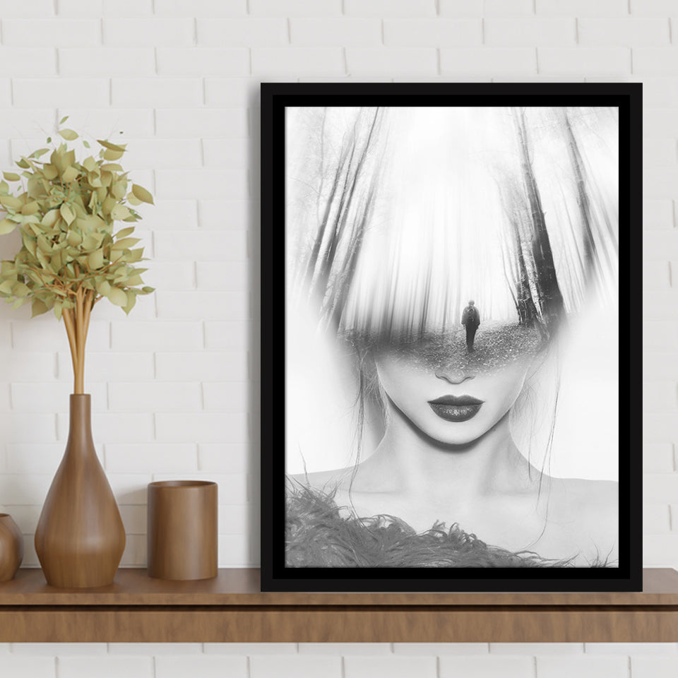 Mystical Woman Abstract Black And White, Framed Canvas Prints Wall Art Home Decor,Floating Frame, Ready to Hang