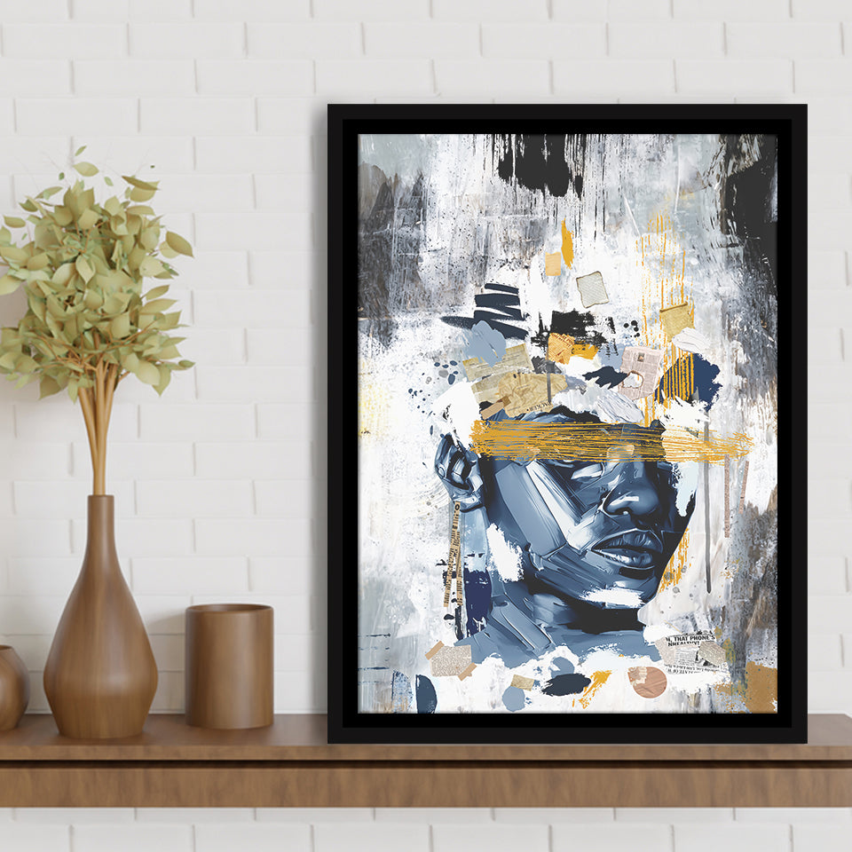Potrait Abstract Face, African American Blue And Grey Art, Framed Canvas Prints Wall Art Decor, Floating Frame