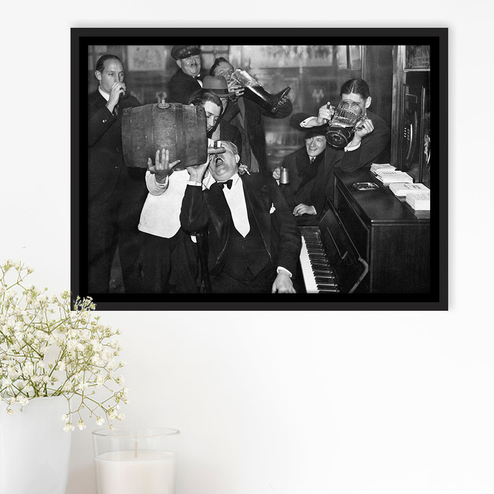Beer Drinking Bar Black And White Print, End Of Prohibition Framed Canvas Prints Wall Art Home Decor,Floating Frame