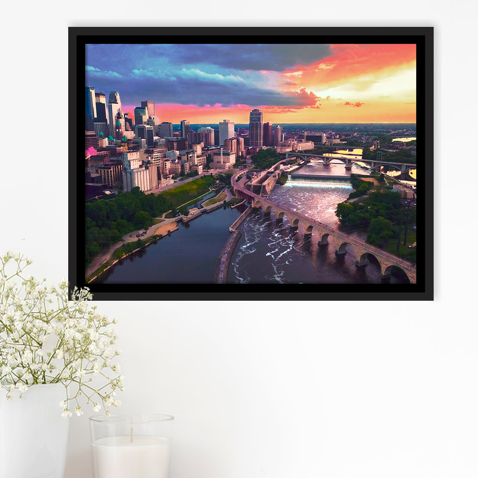 Minneapolis, Minneapolis Skyline100 Framed Canvas Prints Wall Art Decor, Black Floating Frame