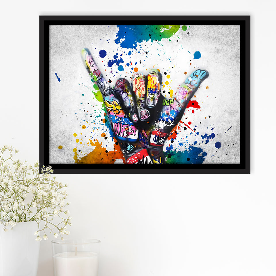 Hand Gesture Victory Graffiti Art Framed Canvas Prints Wall Art Decor - Painting Canvas, Floating Frame, Framed Picture