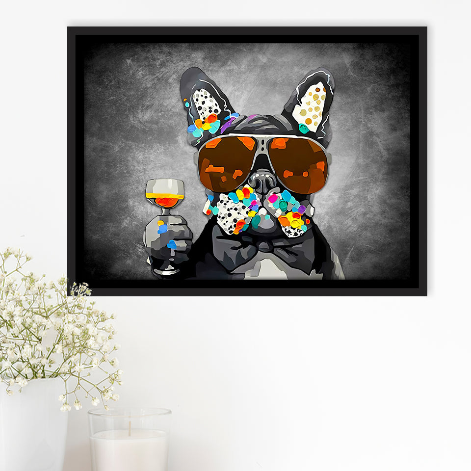 Modern Dog With Sunglasses Cool Watercolor Framed Canvas Prints Wall Art Decor - Painting Canvas, Floating Frame, Framed Picture