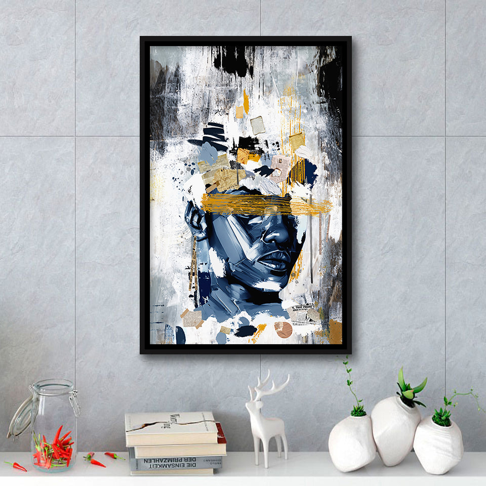 Potrait Abstract Face, African American Blue And Grey Art, Framed Canvas Prints Wall Art Decor, Floating Frame