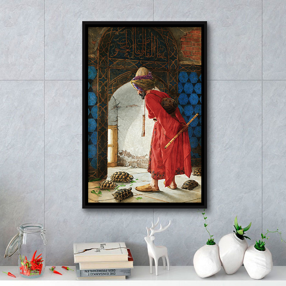 The Tortoise Trainer, Osman Hamdi Painting Framed Canvas Prints Wall Art Home Decor, Floating Frame