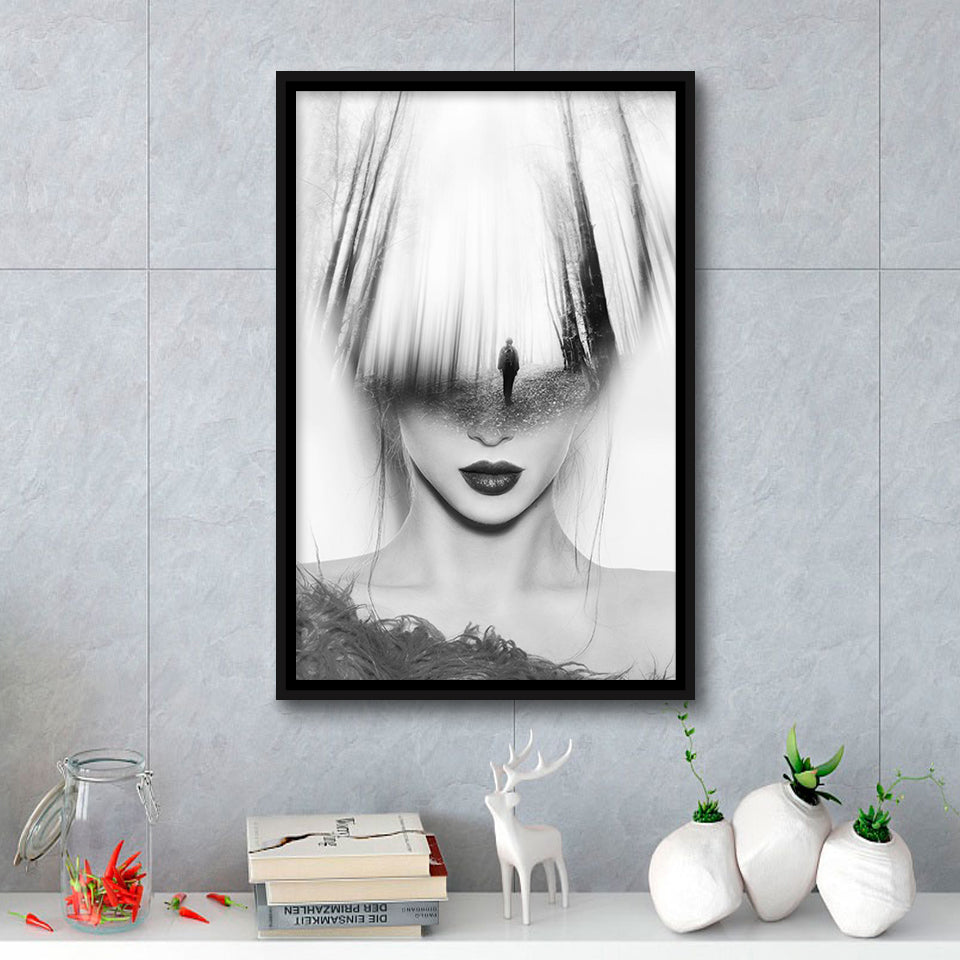 Mystical Woman Abstract Black And White, Framed Canvas Prints Wall Art Home Decor,Floating Frame, Ready to Hang