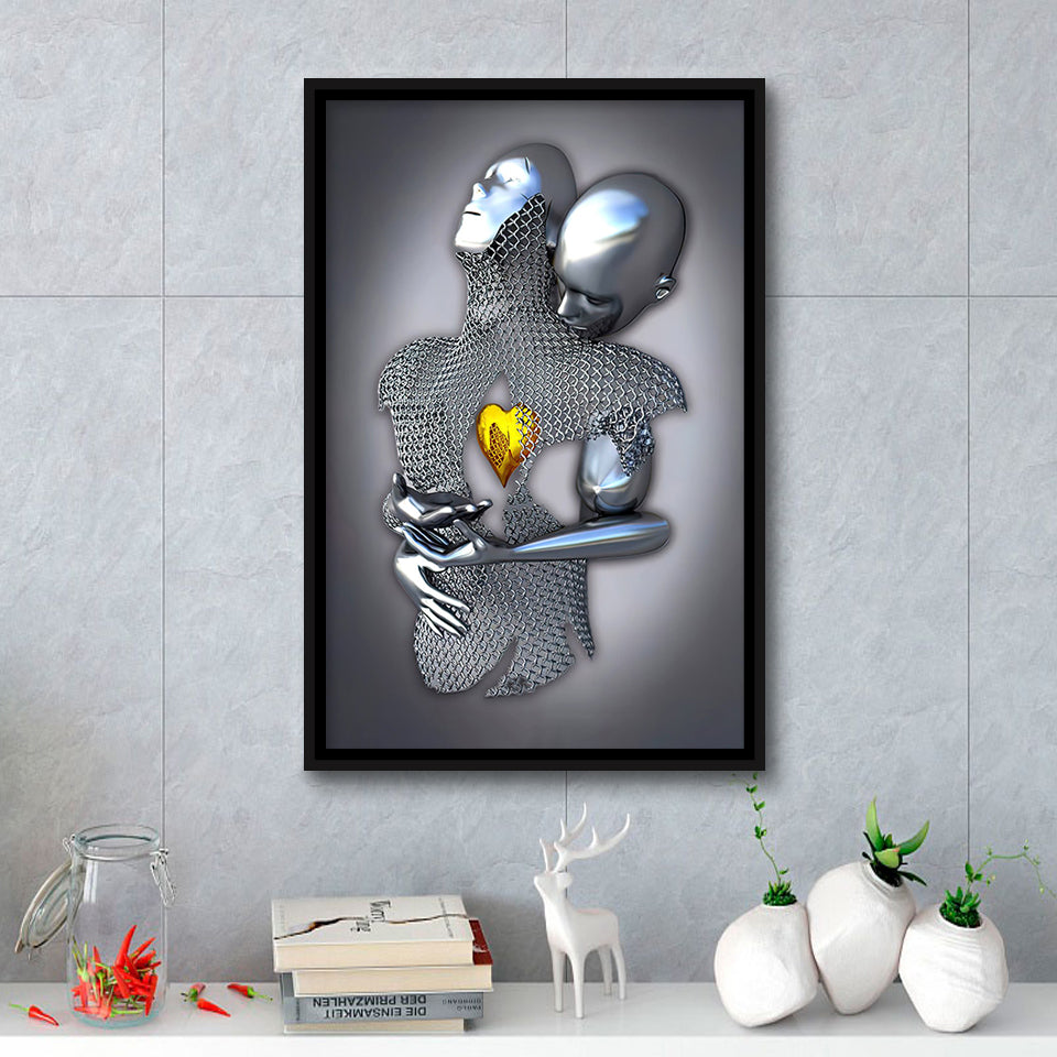 3D Effect Art Art Love Gold Heart Iron Mesh Abstract Art Framed Canvas Prints Wall Art - Painting Canvas,Floating Frame,Wall Decor