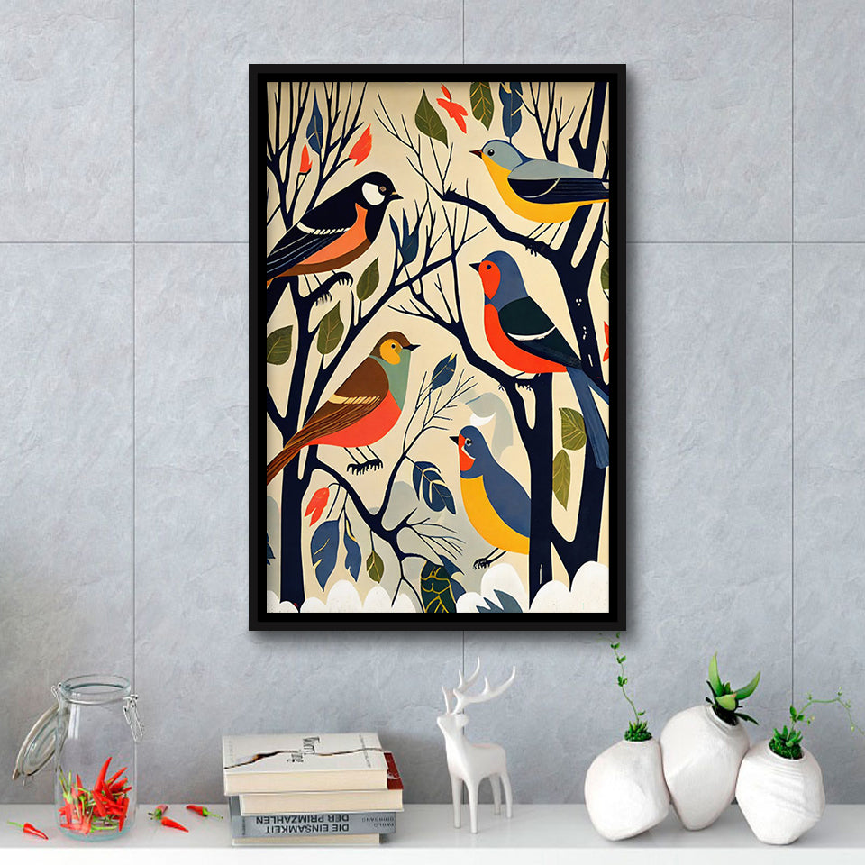 Songbirds Retro Art Print, Large Canvas, Framed Canvas Print Wall Art Home Decor, Floating Frame