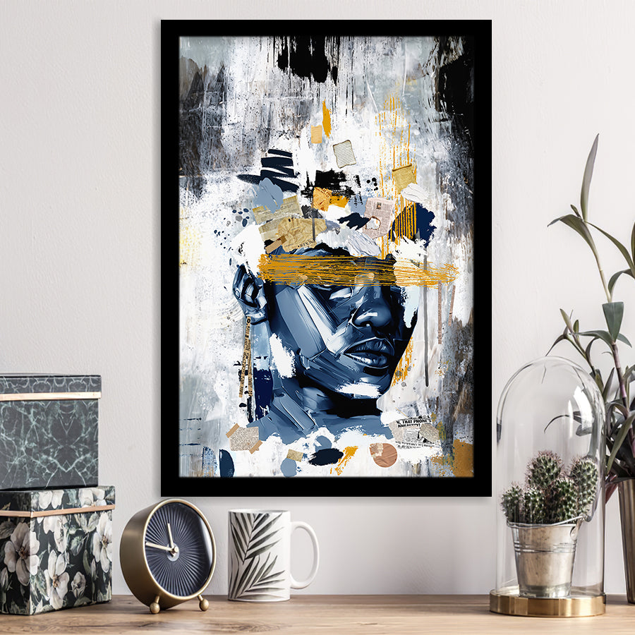 Potrait Abstract Face, African American Blue And Grey Art, Framed Art Prints Wall Art Decor, Framed Picture Print
