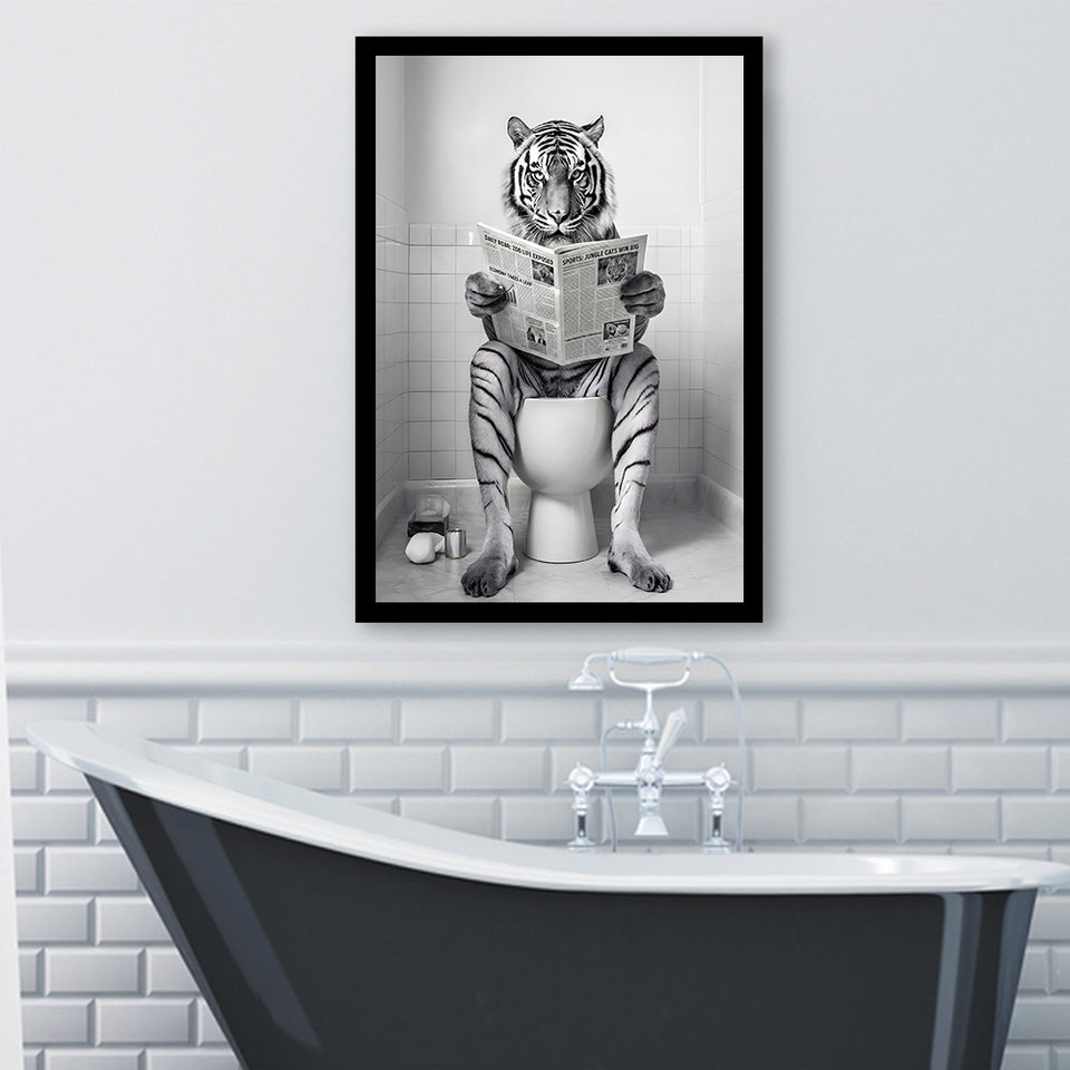 Tiger Framed Art Print Wall Decor, Funny Bathroom Decor, Tiger In Toilet