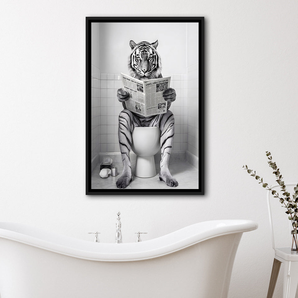 Tiger Framed Canvas Prints Wall Art, Funny Bathroom Decor, Tiger In Toilet