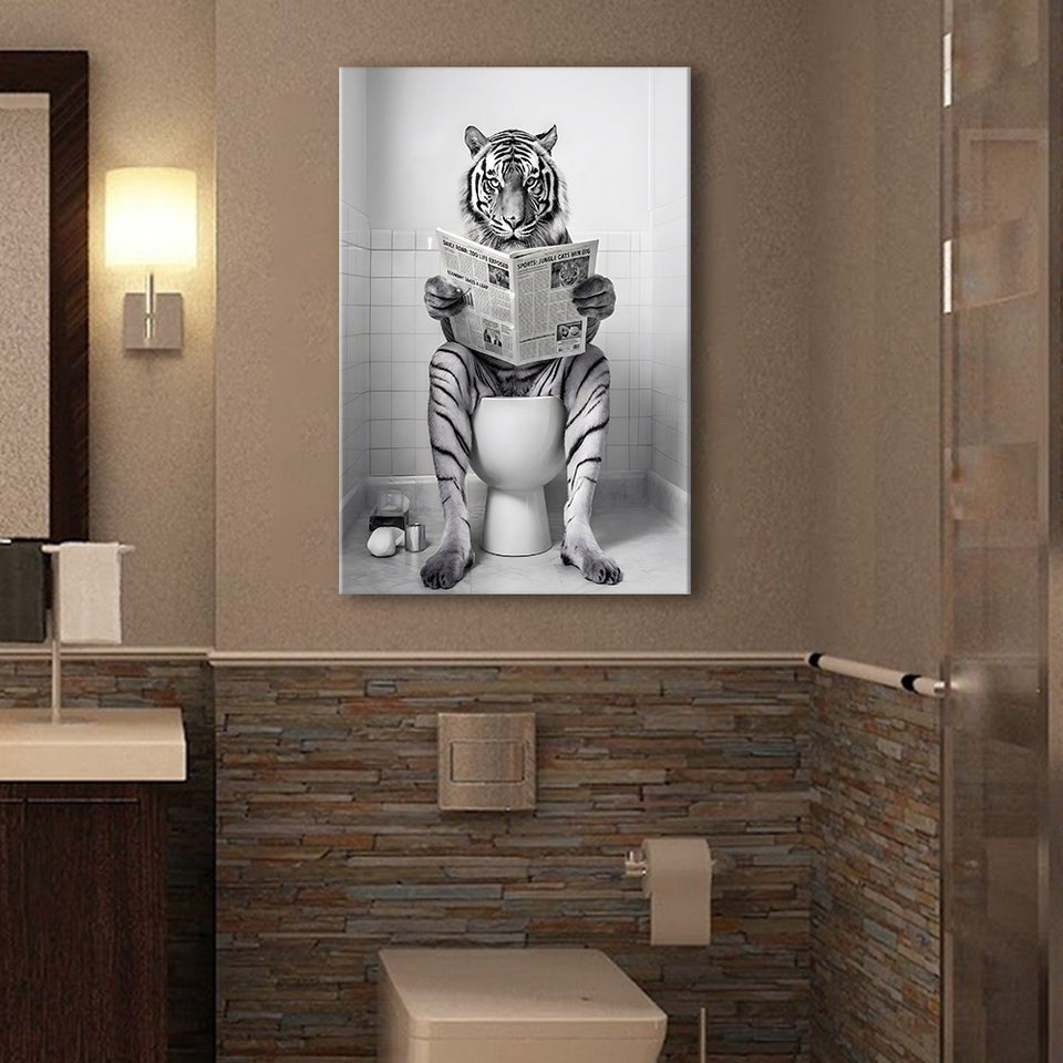 Tiger Canvas Prints Wall Art, Funny Bathroom Decor, Tiger In Toilet
