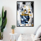 Potrait Abstract Face, African American Blue And Grey Art, Framed Canvas Prints Wall Art Decor, Floating Frame