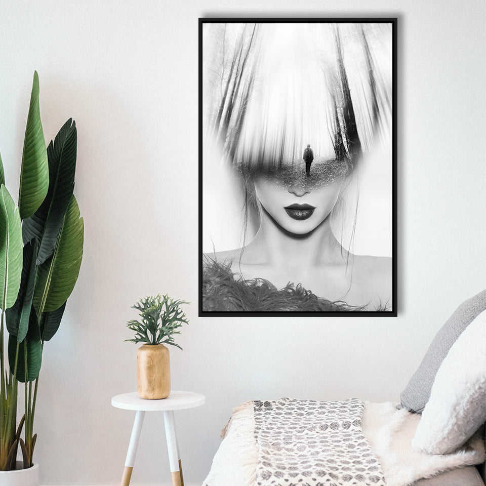Mystical Woman Abstract Black And White, Framed Canvas Prints Wall Art Home Decor,Floating Frame, Ready to Hang