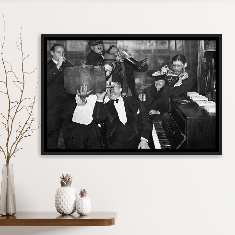 Beer Drinking Bar Black And White Print, End Of Prohibition Framed Canvas Prints Wall Art Home Decor,Floating Frame