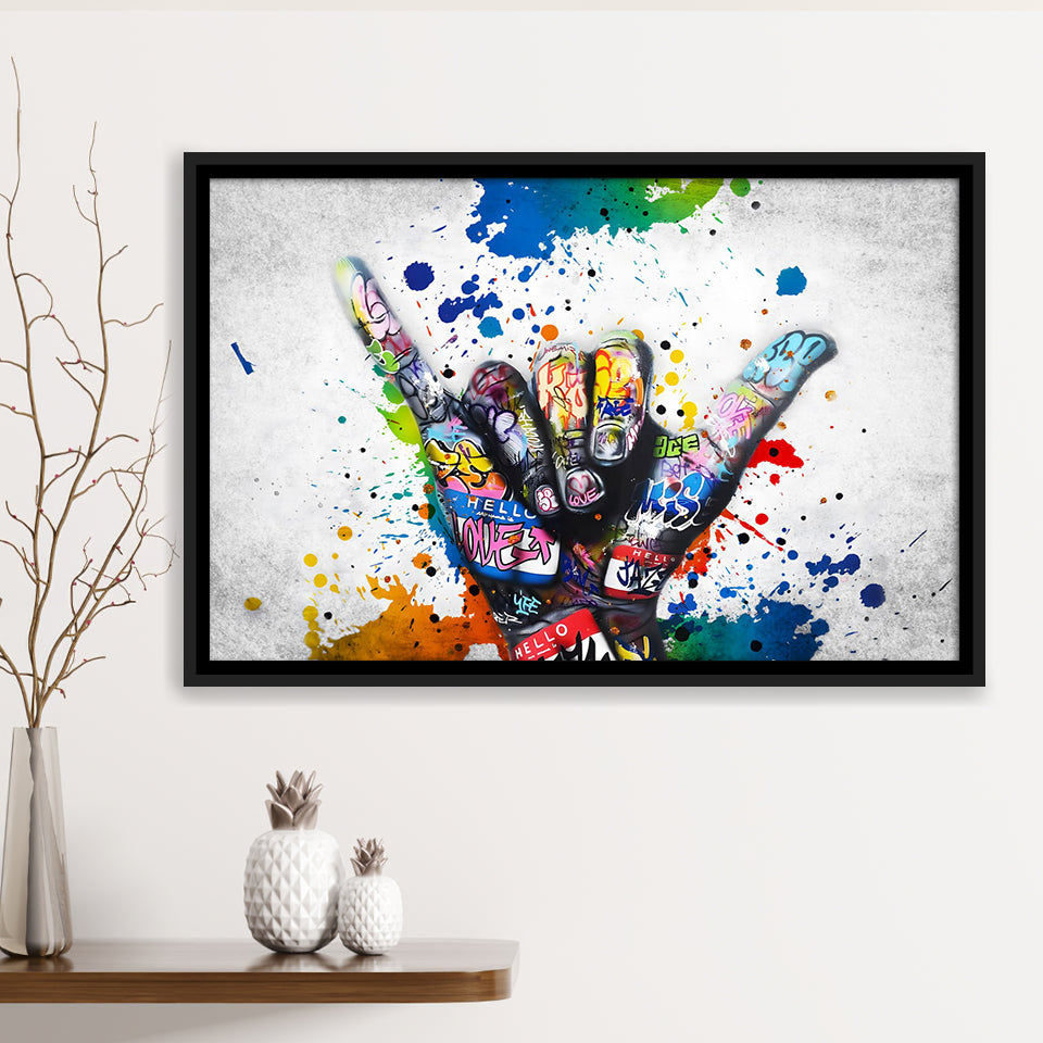 Hand Gesture Victory Graffiti Art Framed Canvas Prints Wall Art Decor - Painting Canvas, Floating Frame, Framed Picture