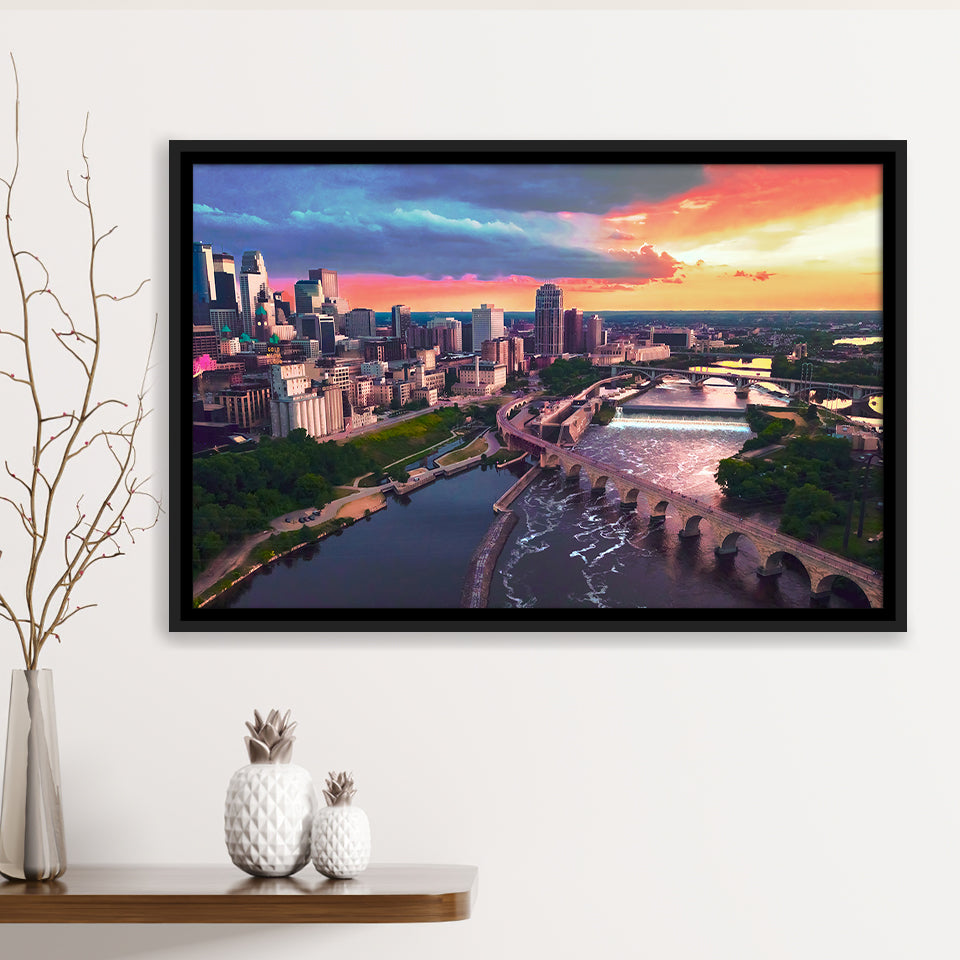 Minneapolis, Minneapolis Skyline100 Framed Canvas Prints Wall Art Decor, Black Floating Frame