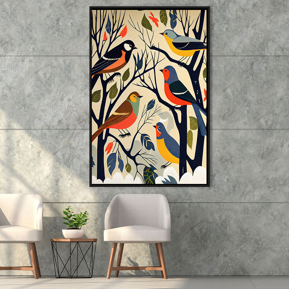 Songbirds Retro Art Print, Large Canvas, Framed Canvas Print Wall Art Home Decor, Floating Frame