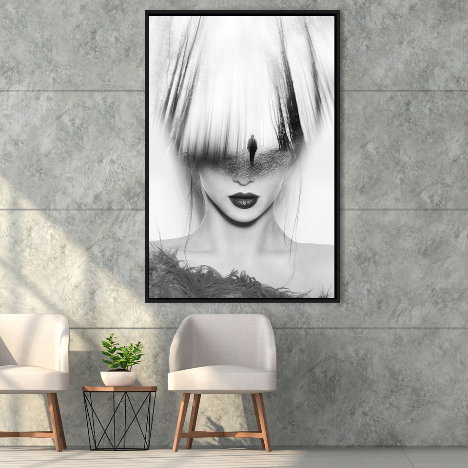 Mystical Woman Abstract Black And White, Framed Canvas Prints Wall Art Home Decor,Floating Frame, Ready to Hang