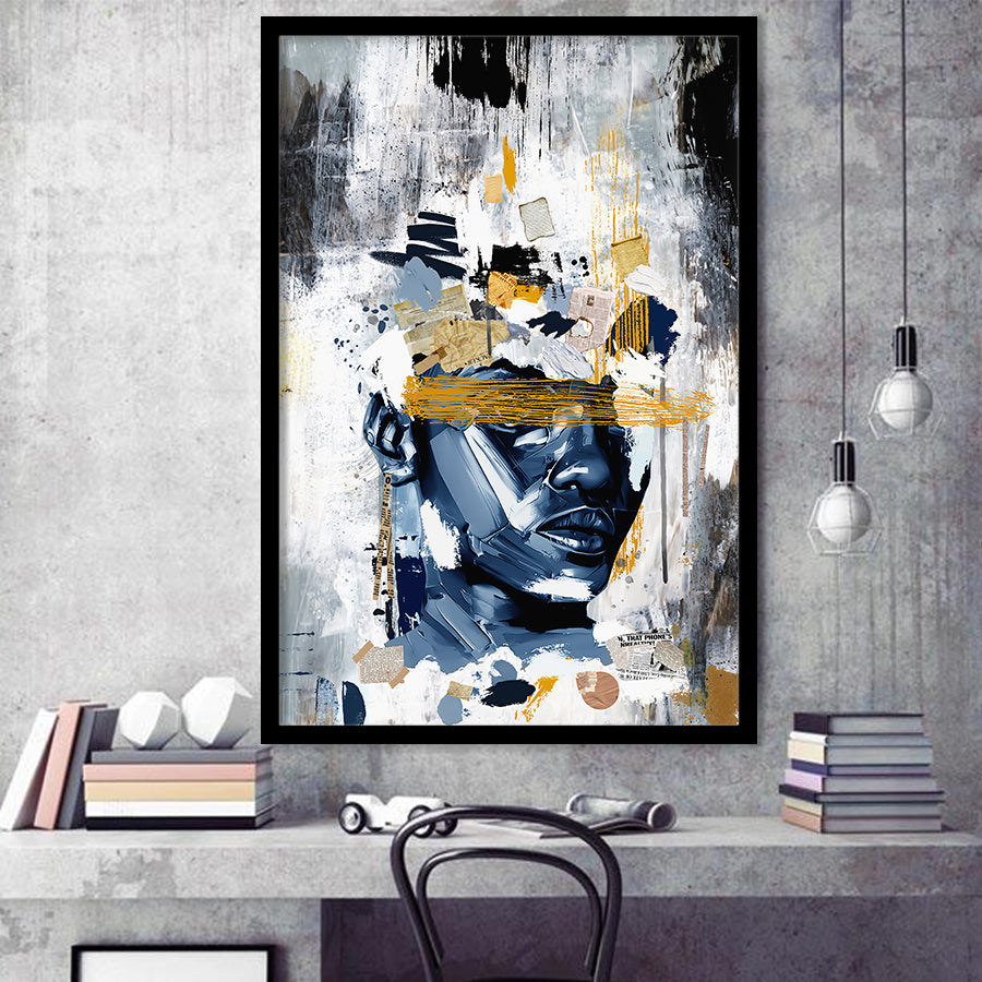 Potrait Abstract Face, African American Blue And Grey Art, Framed Art Prints Wall Art Decor, Framed Picture Print