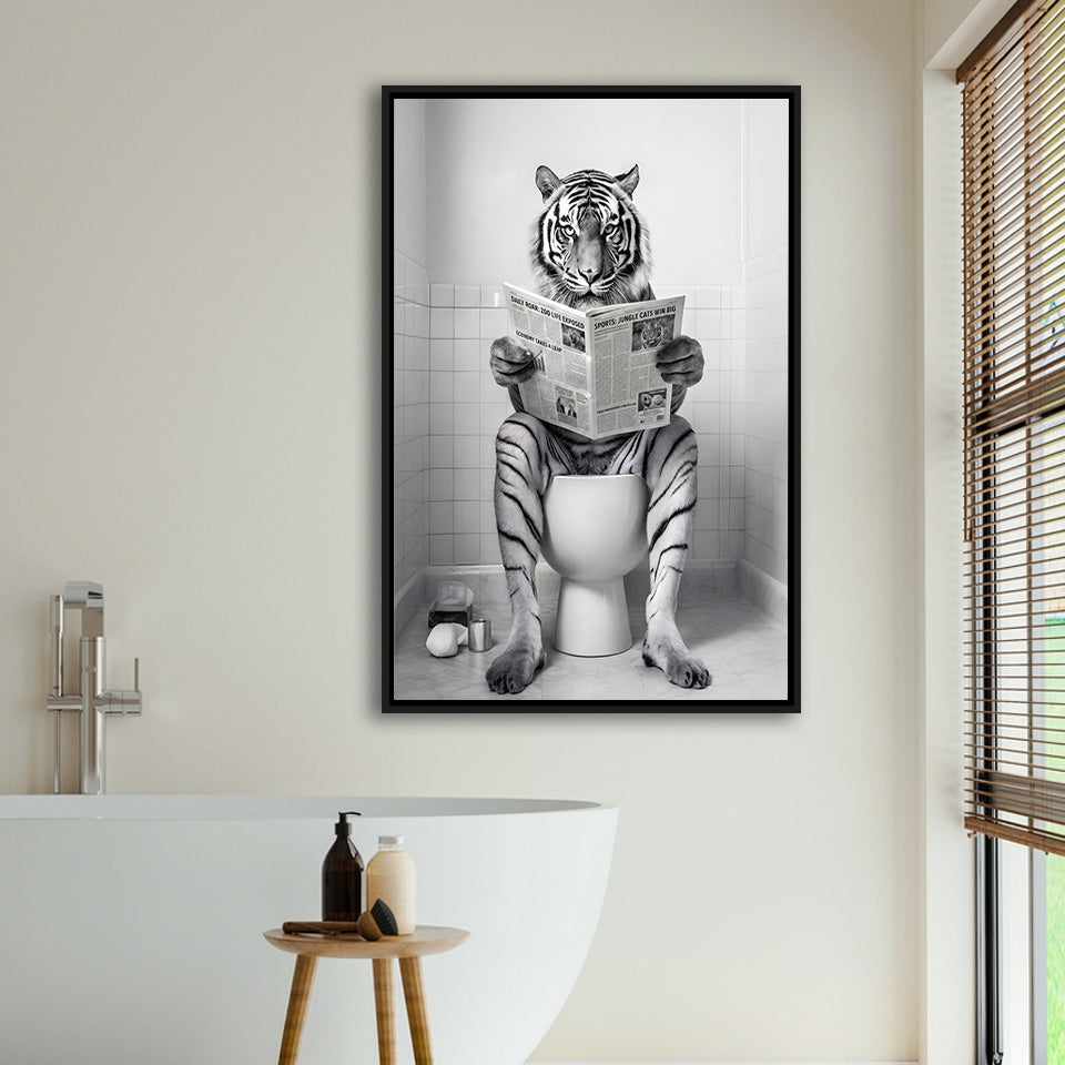 Tiger Framed Canvas Prints Wall Art, Funny Bathroom Decor, Tiger In Toilet