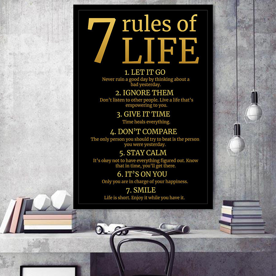 7 Rules Of Life Art Canvas, Motivational Art Framed Art Prints Wall Decor, Framed Picture, Large Picture
