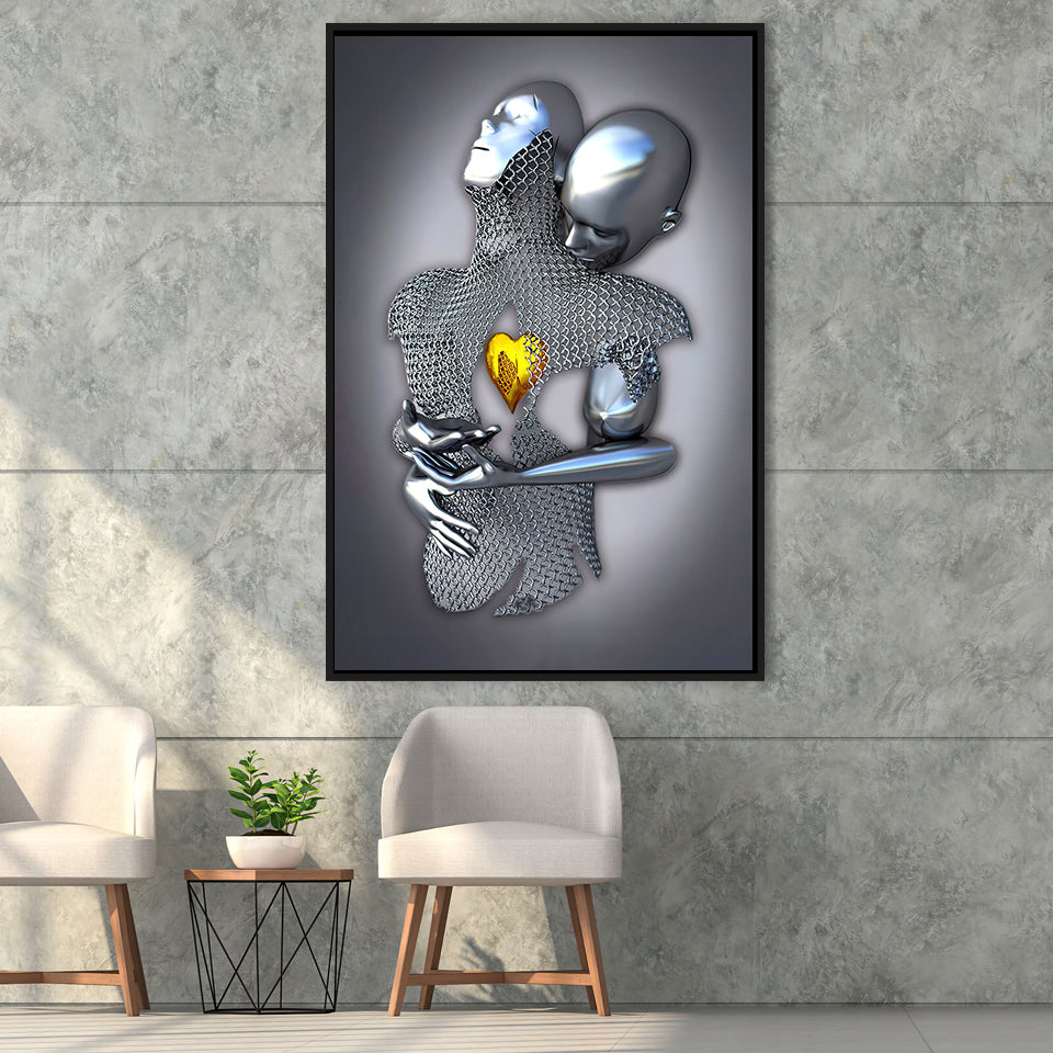 3D Effect Art Art Love Gold Heart Iron Mesh Abstract Art Framed Canvas Prints Wall Art - Painting Canvas,Floating Frame,Wall Decor
