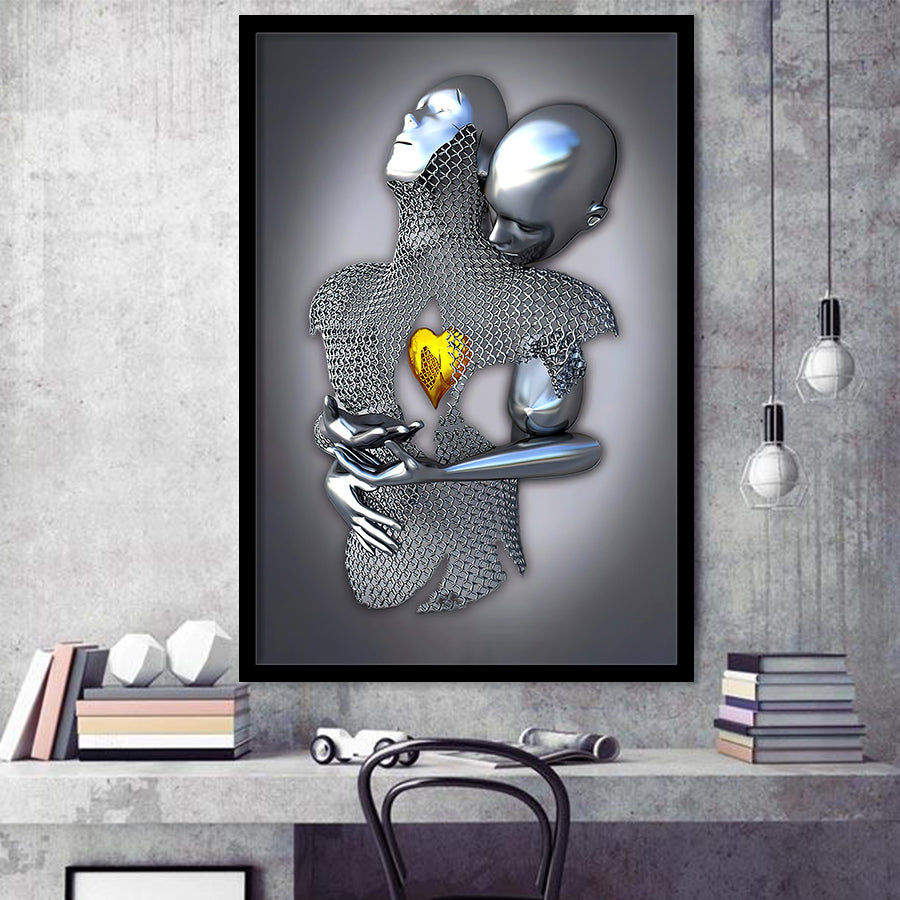 3D Effect Art Art Love Gold Heart Iron Mesh Abstract Art Framed Art Print Wall Decor - Painting Art,Framed Picture,Wall Art
