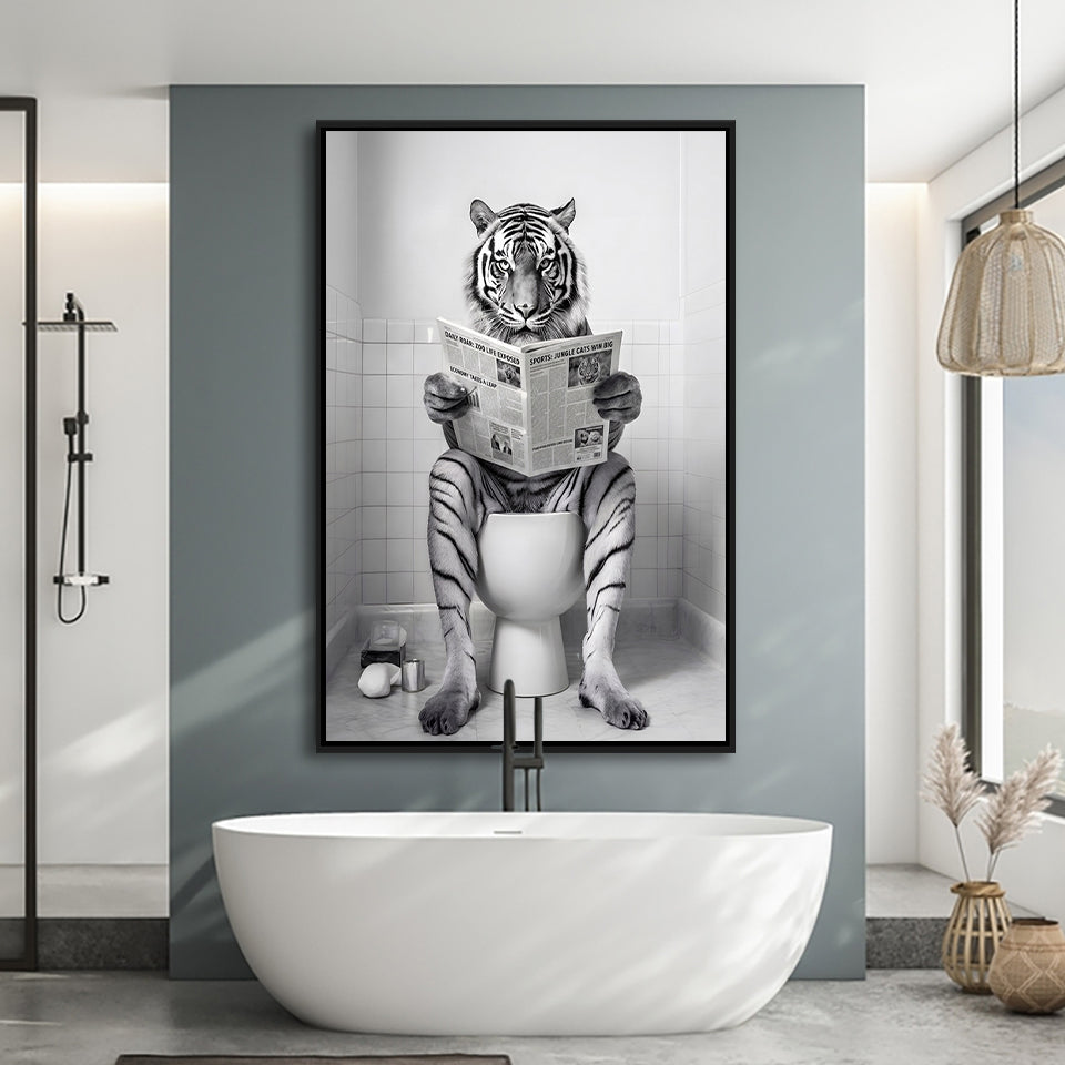 Tiger Framed Canvas Prints Wall Art, Funny Bathroom Decor, Tiger In Toilet