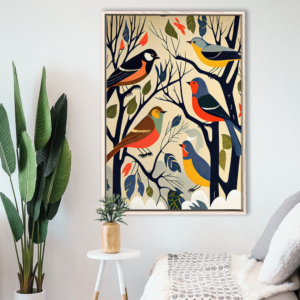 Songbirds Retro Art Print, Large Canvas, Framed Canvas Print Wall Art Home Decor, Floating Frame