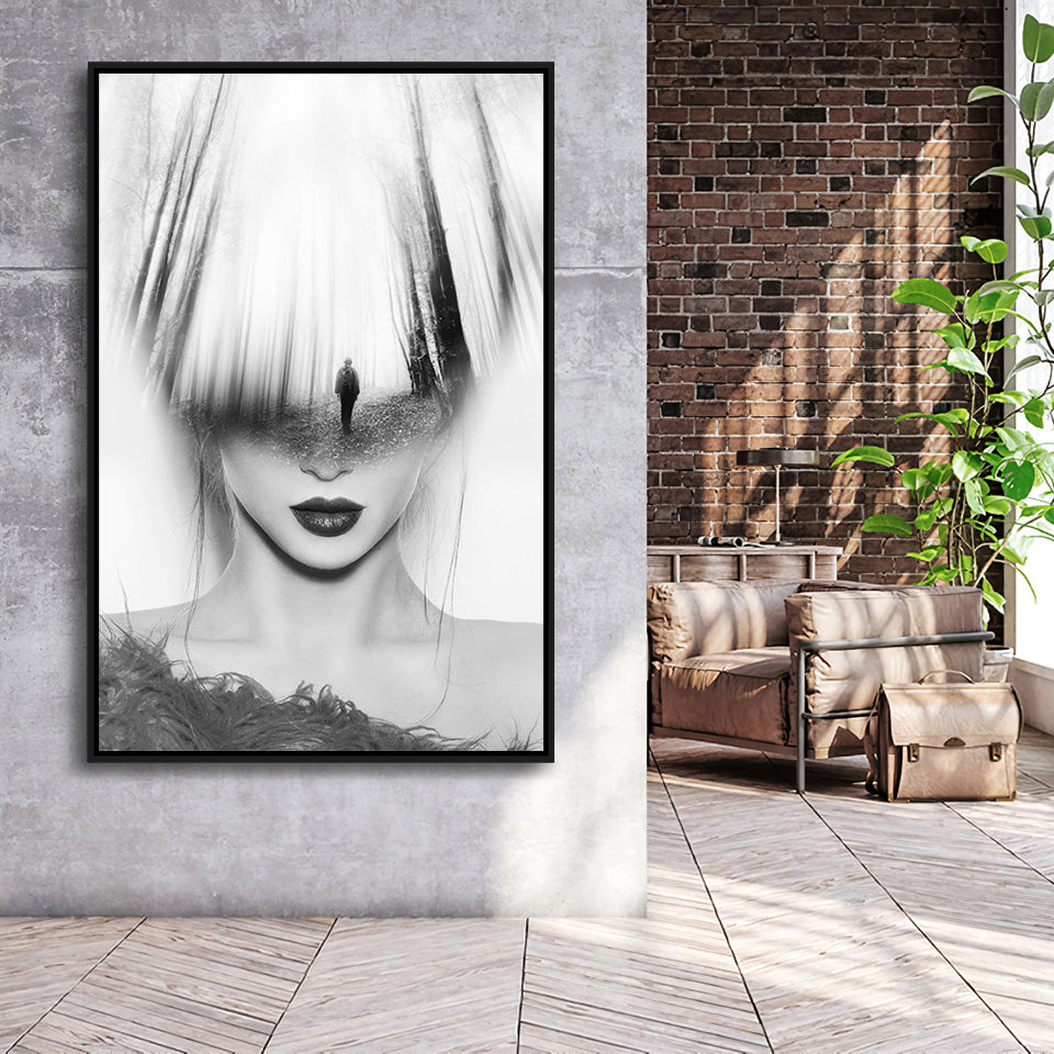 Mystical Woman Abstract Black And White, Framed Canvas Prints Wall Art Home Decor,Floating Frame, Ready to Hang