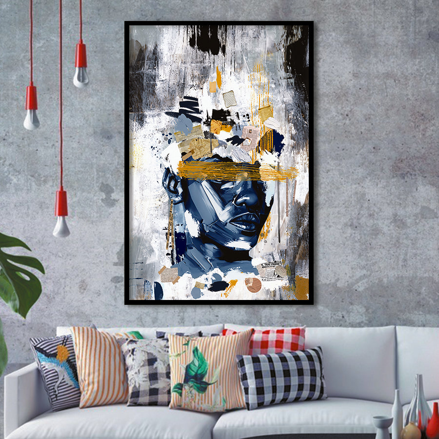 Potrait Abstract Face, African American Blue And Grey Art, Framed Art Prints Wall Art Decor, Framed Picture Print