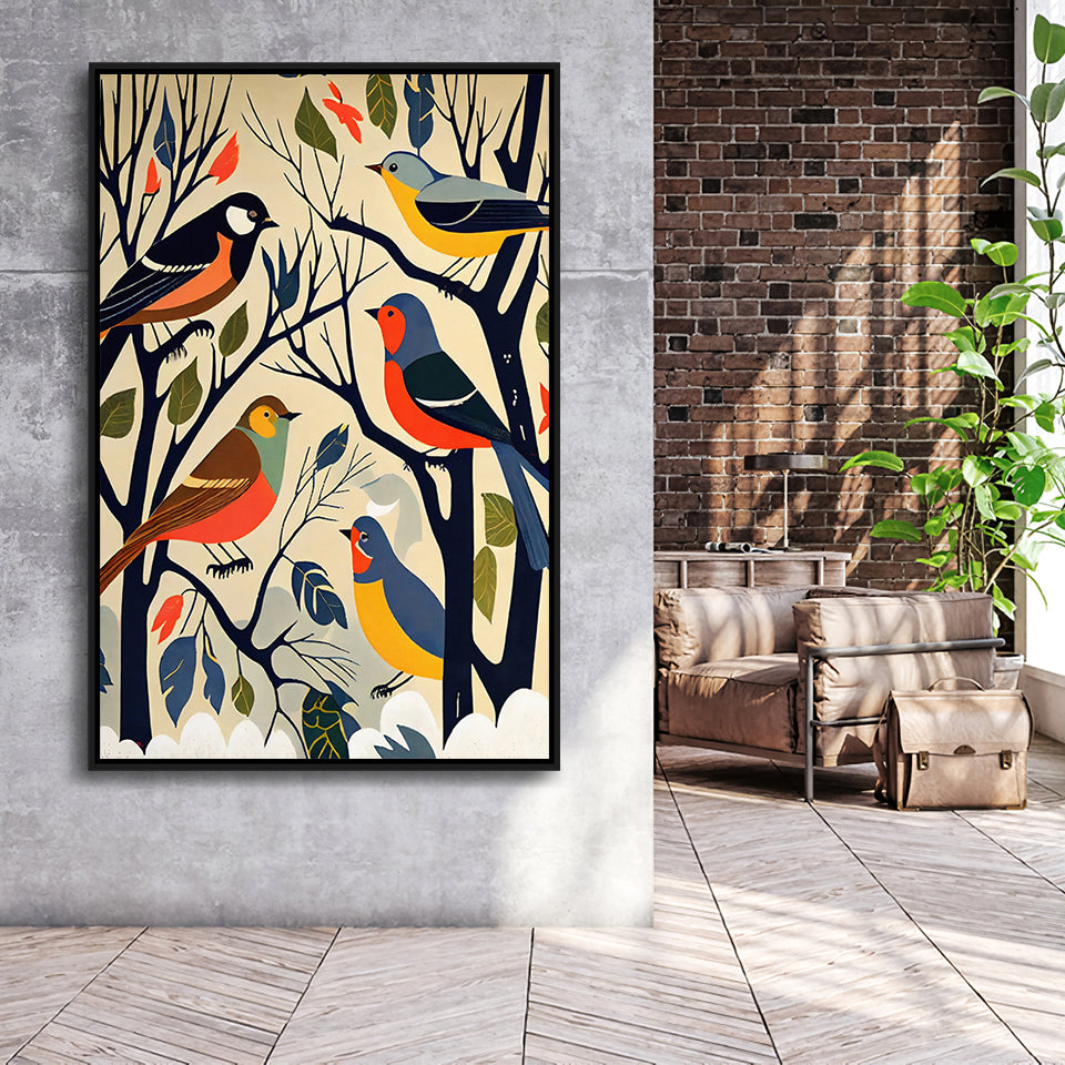Songbirds Retro Art Print, Large Canvas, Framed Canvas Print Wall Art Home Decor, Floating Frame