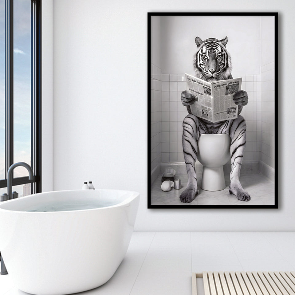 Tiger Framed Art Print Wall Decor, Funny Bathroom Decor, Tiger In Toilet