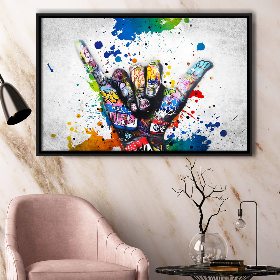 Hand Gesture Victory Graffiti Art Framed Canvas Prints Wall Art Decor - Painting Canvas, Floating Frame, Framed Picture