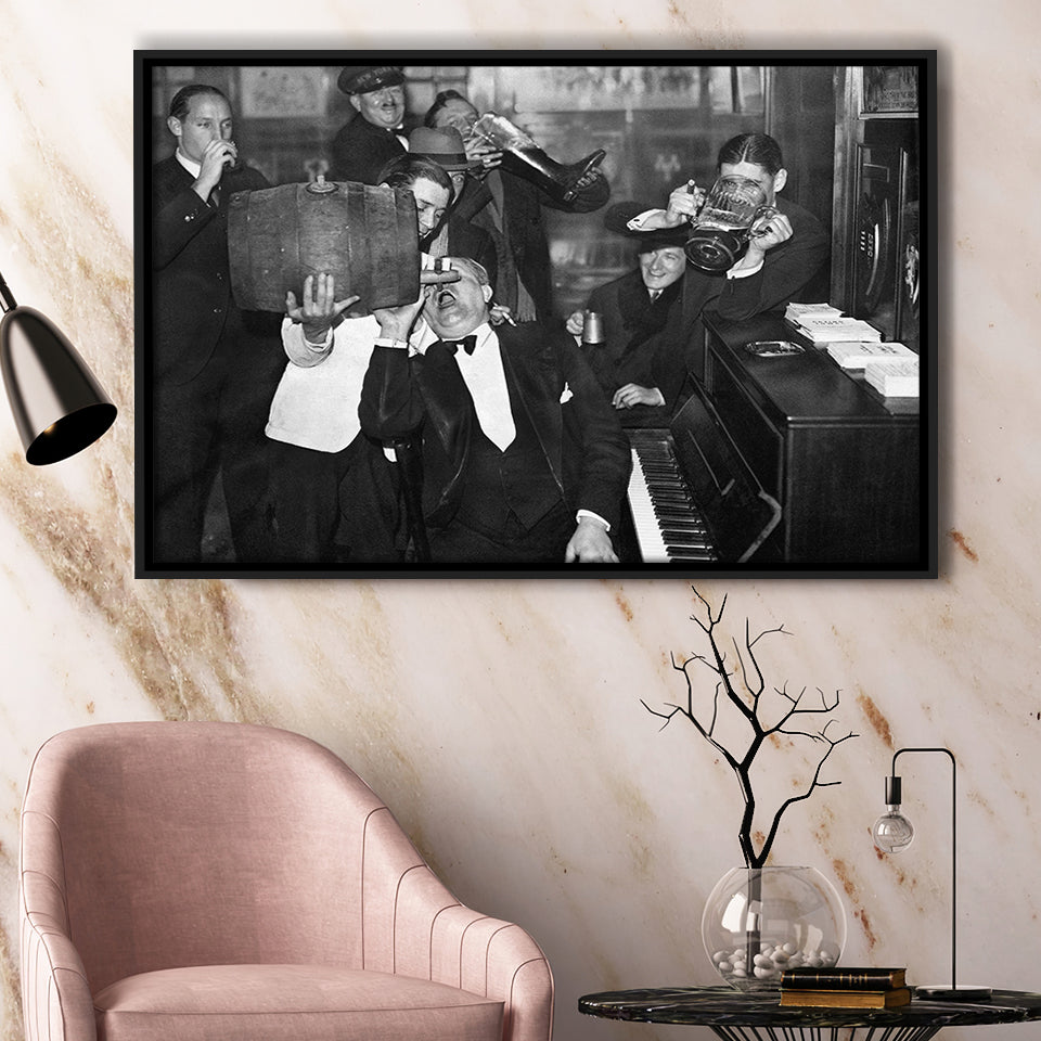 Beer Drinking Bar Black And White Print, End Of Prohibition Framed Canvas Prints Wall Art Home Decor,Floating Frame