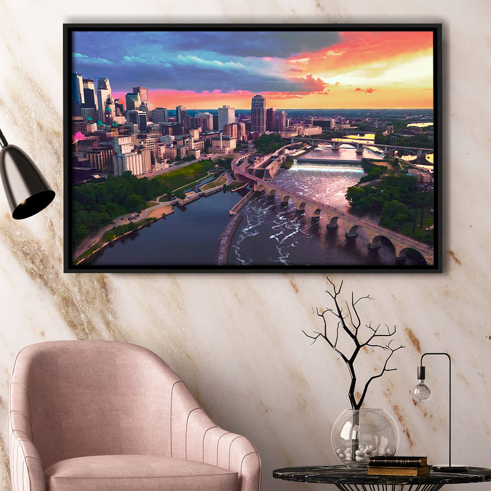Minneapolis, Minneapolis Skyline100 Framed Canvas Prints Wall Art Decor, Black Floating Frame