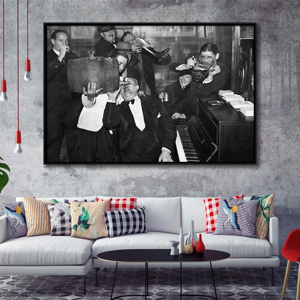 Beer Drinking Bar Black And White Print, End Of Prohibition Framed Canvas Prints Wall Art Home Decor,Floating Frame