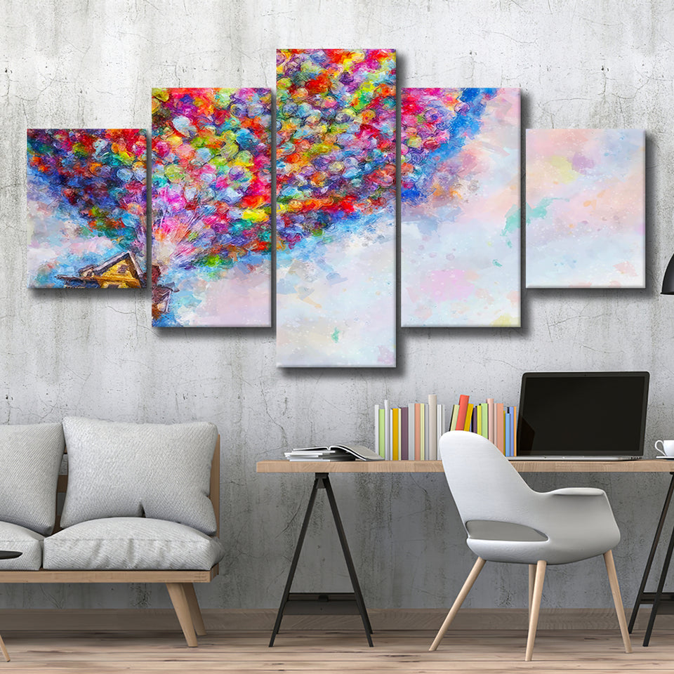 Pixar Dream house fly with balloons Painting 5 Piece Canvas Prints Wall Art - Painting Prints, Wall Decor,Multi Panel